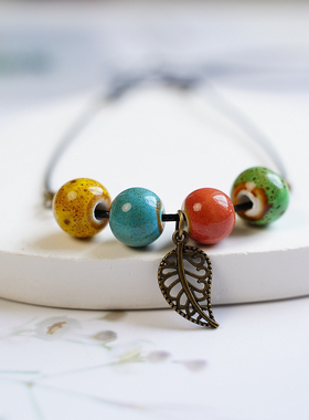 partyme手工民族风陶瓷项链吊坠枫叶文艺锁骨链毛衣链长款新中式