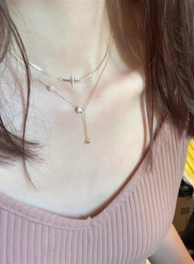 partyme手工简约感双层十字项链女夏季甜美风颈链百搭锁骨链网红