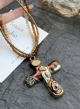 partyme手工多层叠戴重工十字架串珠项链朋克嘻哈潮酷锁骨链颈链