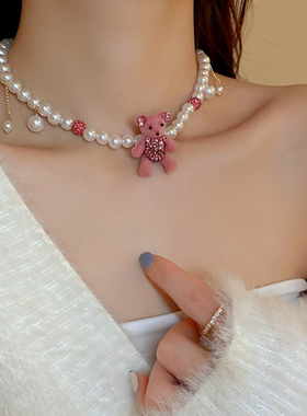 韩国镶钻植绒小熊耳环项链