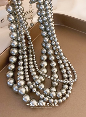 手工纯色法式复古灰色珍珠项链时尚百搭毛衣链小众项饰女