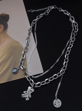 Partyme钛钢多层小熊项链锁骨链