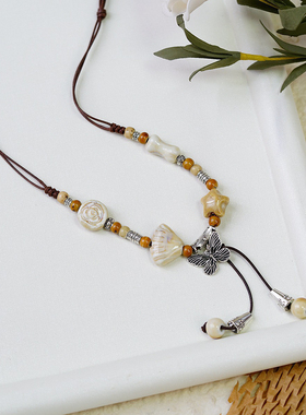 国风复古宫廷民族风蝴蝶陶瓷项链新中式吊坠女毛衣链长款文艺串珠