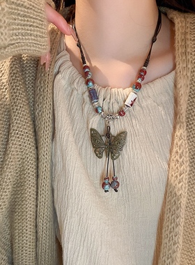 国风新中式复古陶瓷蝴蝶吊坠项链女民族风长款卫衣链配饰小众设计