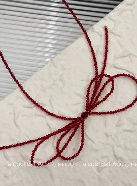 Partyme手工显白串珠红色蝴蝶结项链女锁骨链高级感精致灵动甜美