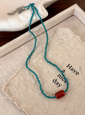 巨显白复古串珠锁骨链女红蓝串珠in小众设计气质颈链项链海边度假