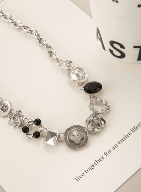 partyme手工金属纽扣项链中古小众设计重工y2k锁骨链颈链甜酷水钻