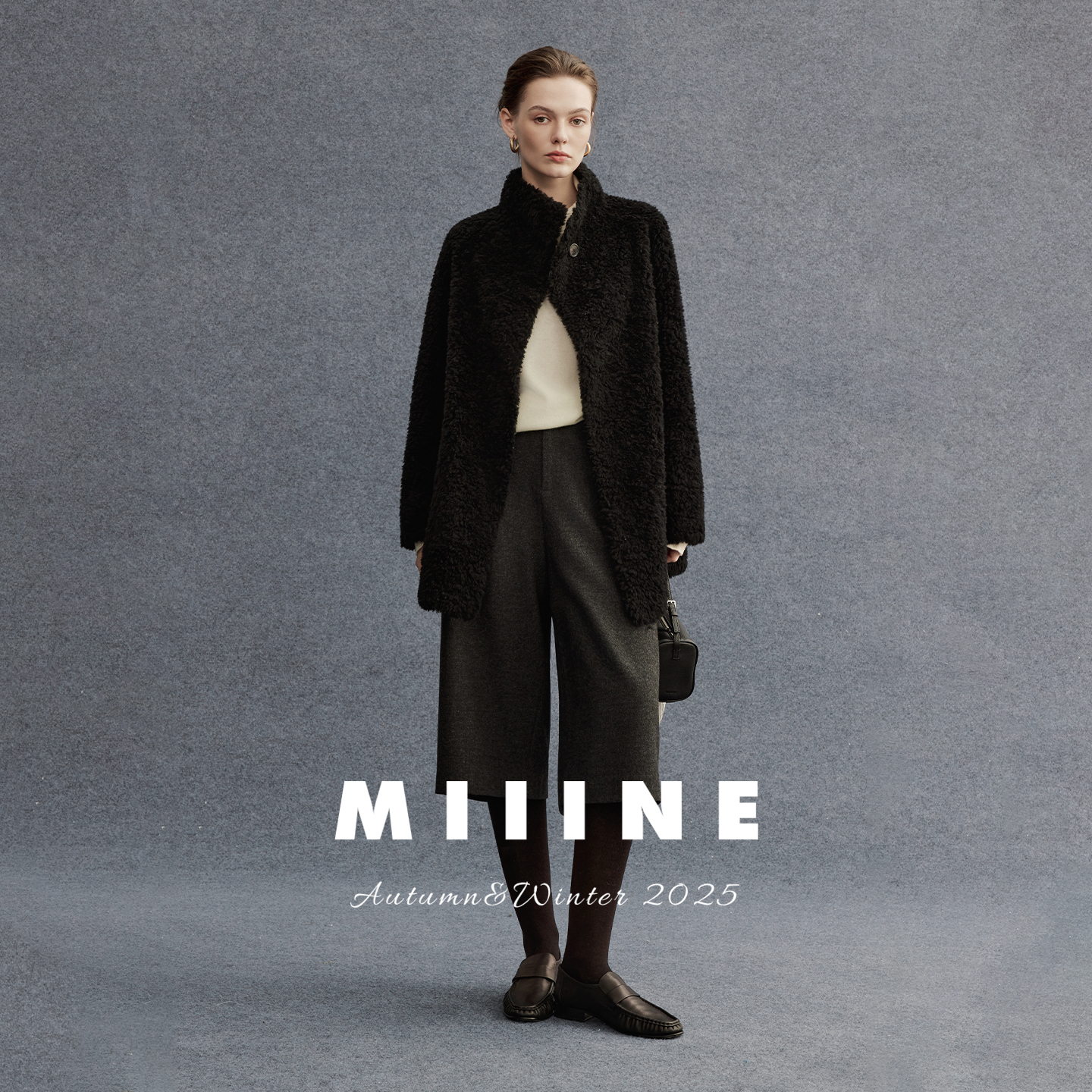 Miiine皮毛一体羊毛短大衣 立领宽松廓形静奢风秋冬日常外套女 - 图2