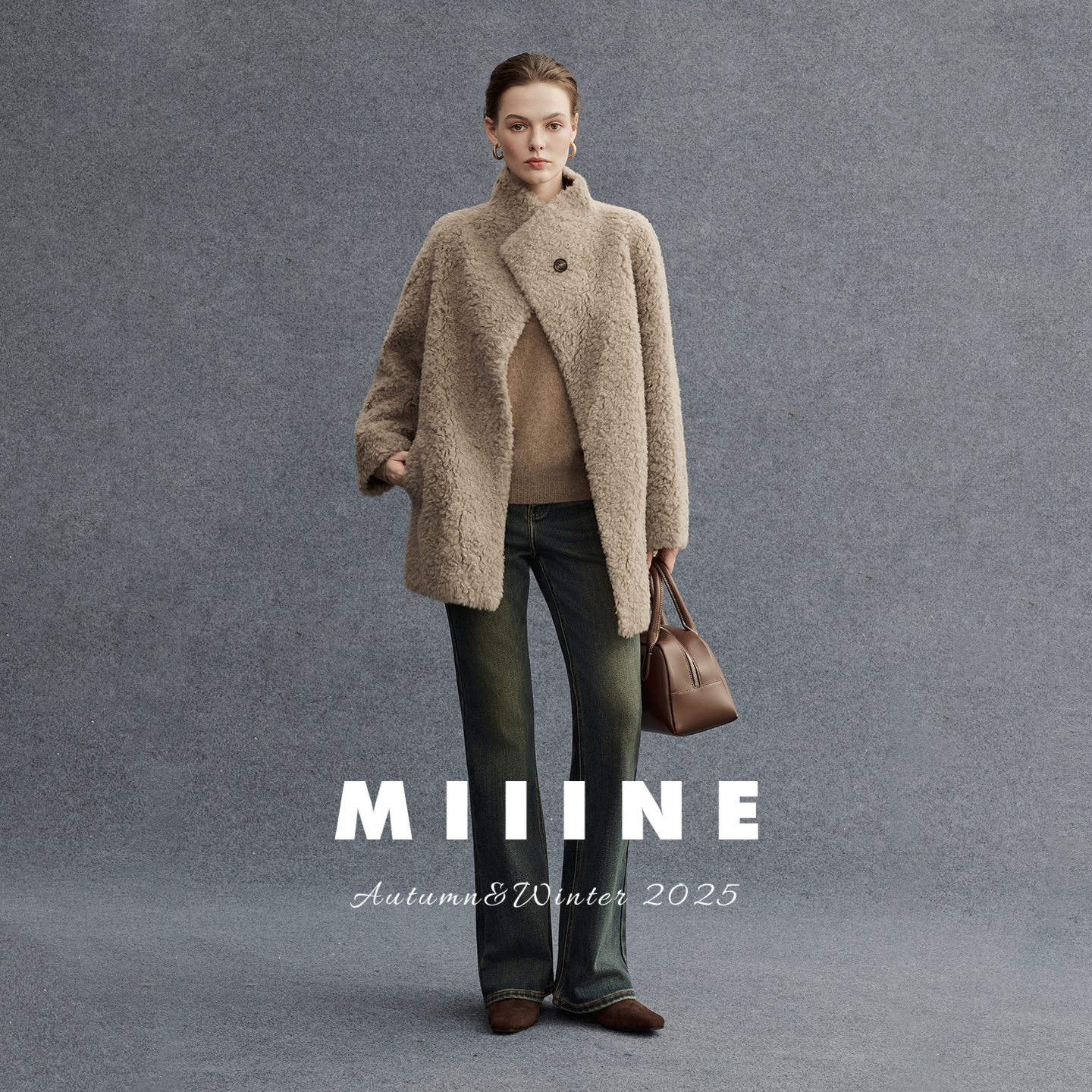 Miiine皮毛一体羊毛短大衣 立领宽松廓形静奢风秋冬日常外套女 - 图0