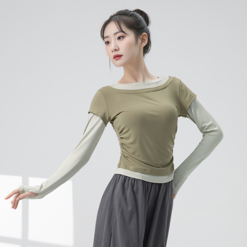 舞蹈服装女成人套指古典舞练功撞色拼接长袖假两件现代舞跳舞专用 - 图3