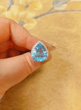 【BW宝石】海洋之心瑞士蓝托帕石戒指，银镶