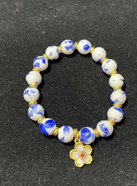 【BW宝石】蓝瓷珠带金色花花手串