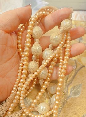 【BW中古】玫瑰金色琉璃珍珠三层套链，最里面一条是网状包裹珍珠