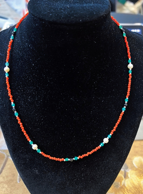 【BW珍珠】南红珍珠配翡翠黑尖晶项链，4.5mm，可单带，也可叠带