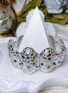 【BW中古】中古银捶打纹配彩色琉璃莱茵石手链，19内