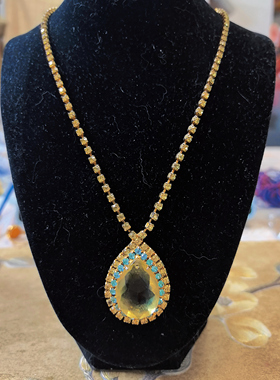 【BW中古】Julianna水滴形雕刻黄水晶中古吊坠，一体式莱茵石链子