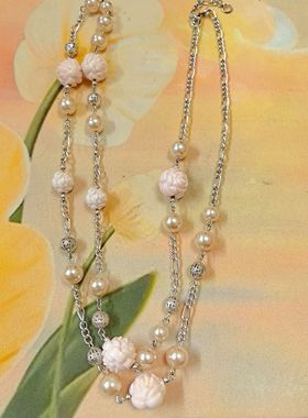 【BW中古】花园风格粉色玫瑰毛衣链，也可双圈项链，单圈43cm