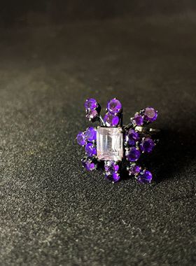 【BW宝石】乌拉圭vivid紫水搭配中间的很干净的薰衣草紫水晶戒指