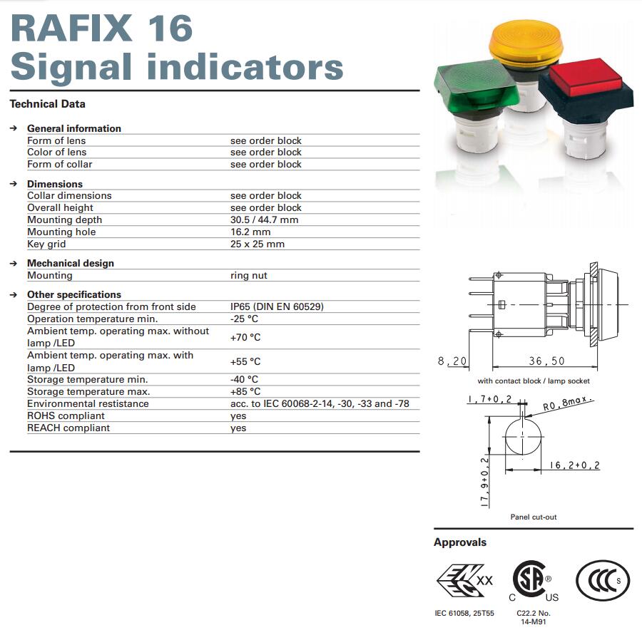 德国原装进口品牌 RAFI 16系列指示器平面灯罩方形前圈-图2