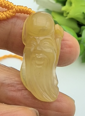 天然水晶黄兔毛手工雕刻老寿星如意吊坠挂件送长辈一物一图A45-31