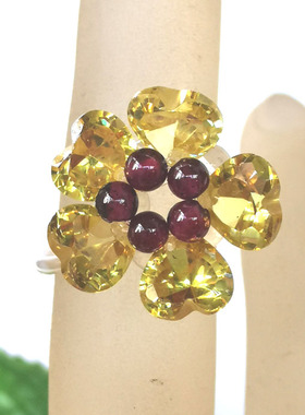 正品清仓~收藏精品青黄色锆石+石榴石吉祥女款水晶戒指A13