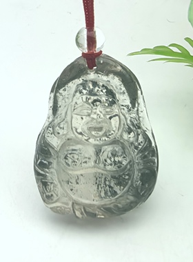 灵山纳福～天然老料绿幽灵水晶佛公挂件送证书一物一图A50-85