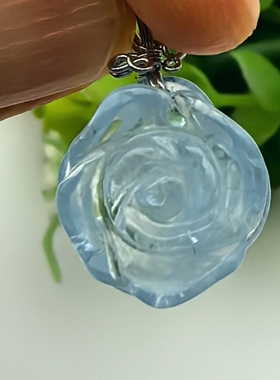 巴西天然海蓝宝玫瑰花吊坠项坠润蓝款润透女款礼物闺蜜首饰A27
