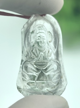 天然老料绿幽灵白水晶雕刻合手观音吊坠挂件一物一图A50-88