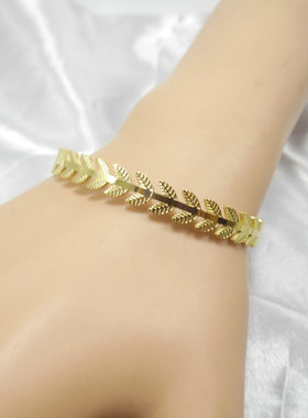 树叶开口钛钢镀18k金麦穗手环