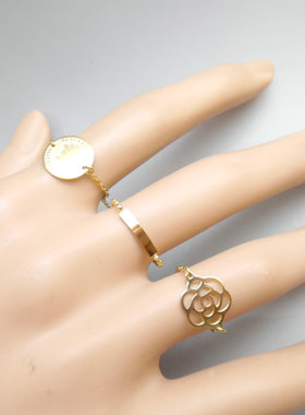 戒指金色镂空玫瑰花长条人像女王