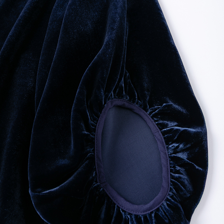 文艺深藏青真丝丝绒！V领插肩灯笼袖九分袖宽松珍珠扣衬衫秋季女 - 图3