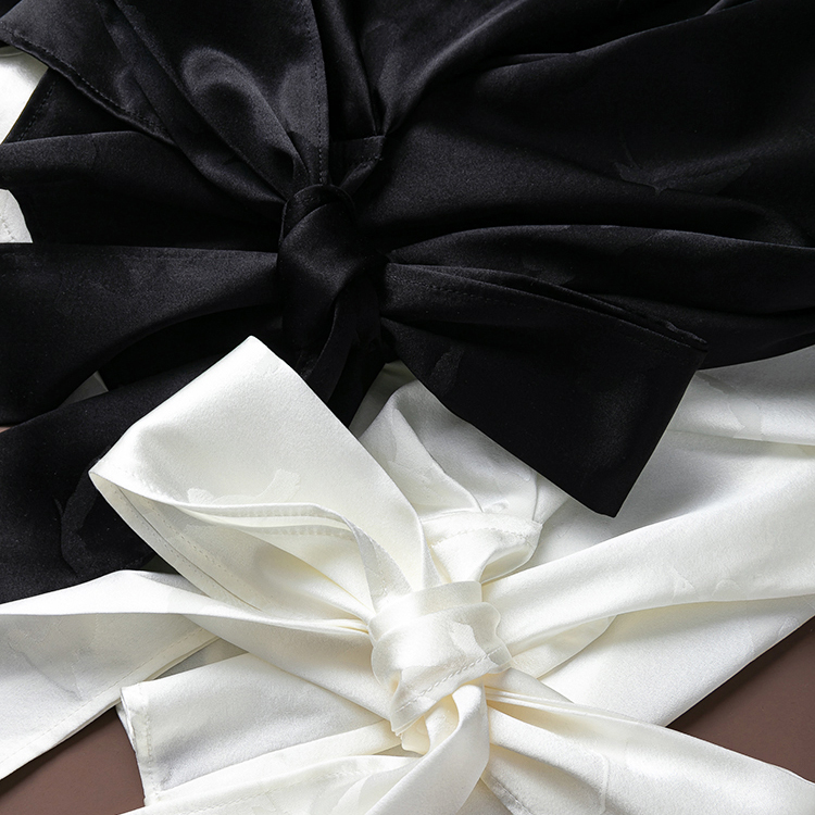 “绸缎飞鸟集”设计款下摆绑带垂坠真丝弹力提花缎V领长袖衬衫女 - 图1