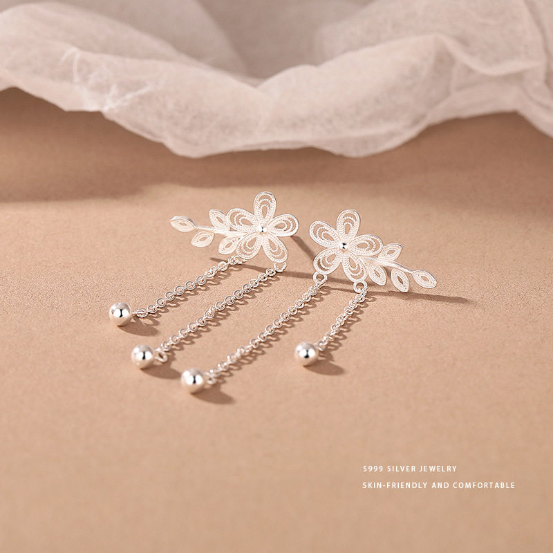 通体S999足银纯银轻奢花朵叶子流苏耳环耳坠高级感设计感气质韩版,淘宝优惠券,粉丝福利购,淘宝优惠卷