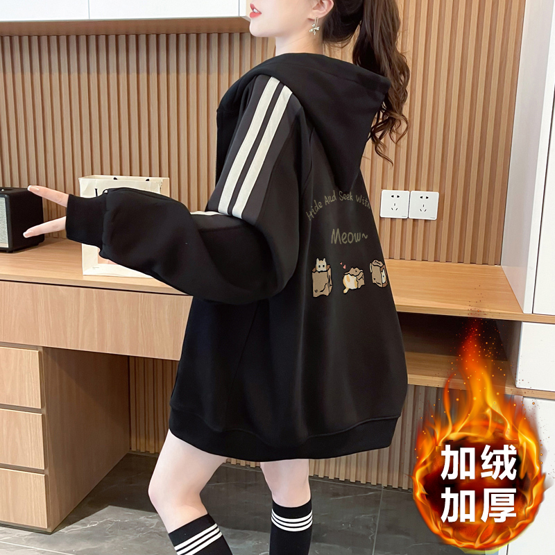 高中生加绒加厚拉链卫衣女初中学生宽松时尚中长款连帽开衫外套冬 - 图2