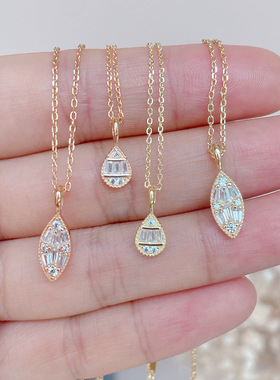 日系轻奢s925银镀18k金 橄榄形 方糖钻椭圆 满钻项链