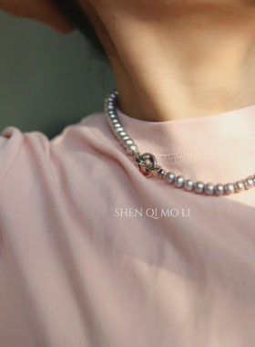 天然淡水多麻灰伴彩扁珠珍珠项链