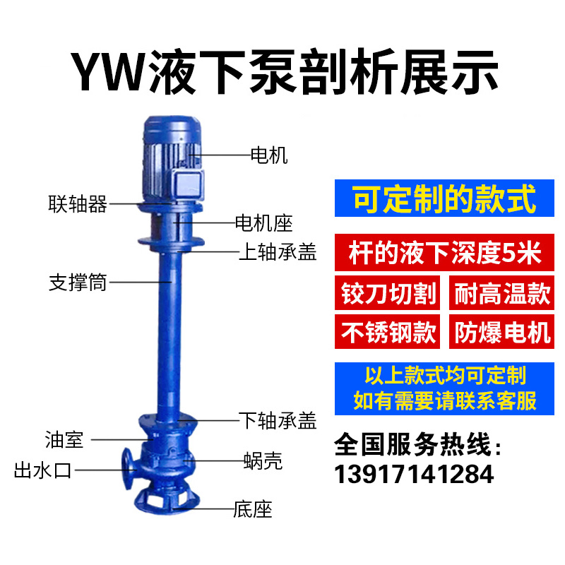 200YW300-7-11大流量加长轴单双管液下无堵塞铸铁防爆排污液体泵 - 图2