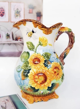 出口美式太阳花陶瓷水罐装饰花瓶高档向日葵家居特色水培新居