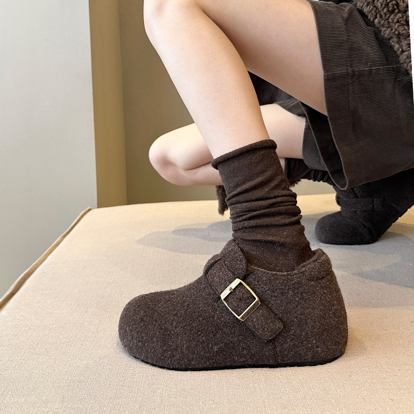 日系甜酷~冬季毛呢料加绒配阔腿裤内增高厚底勃肯鞋女棉鞋毛毛鞋,淘宝优惠券,粉丝福利购,淘宝优惠卷