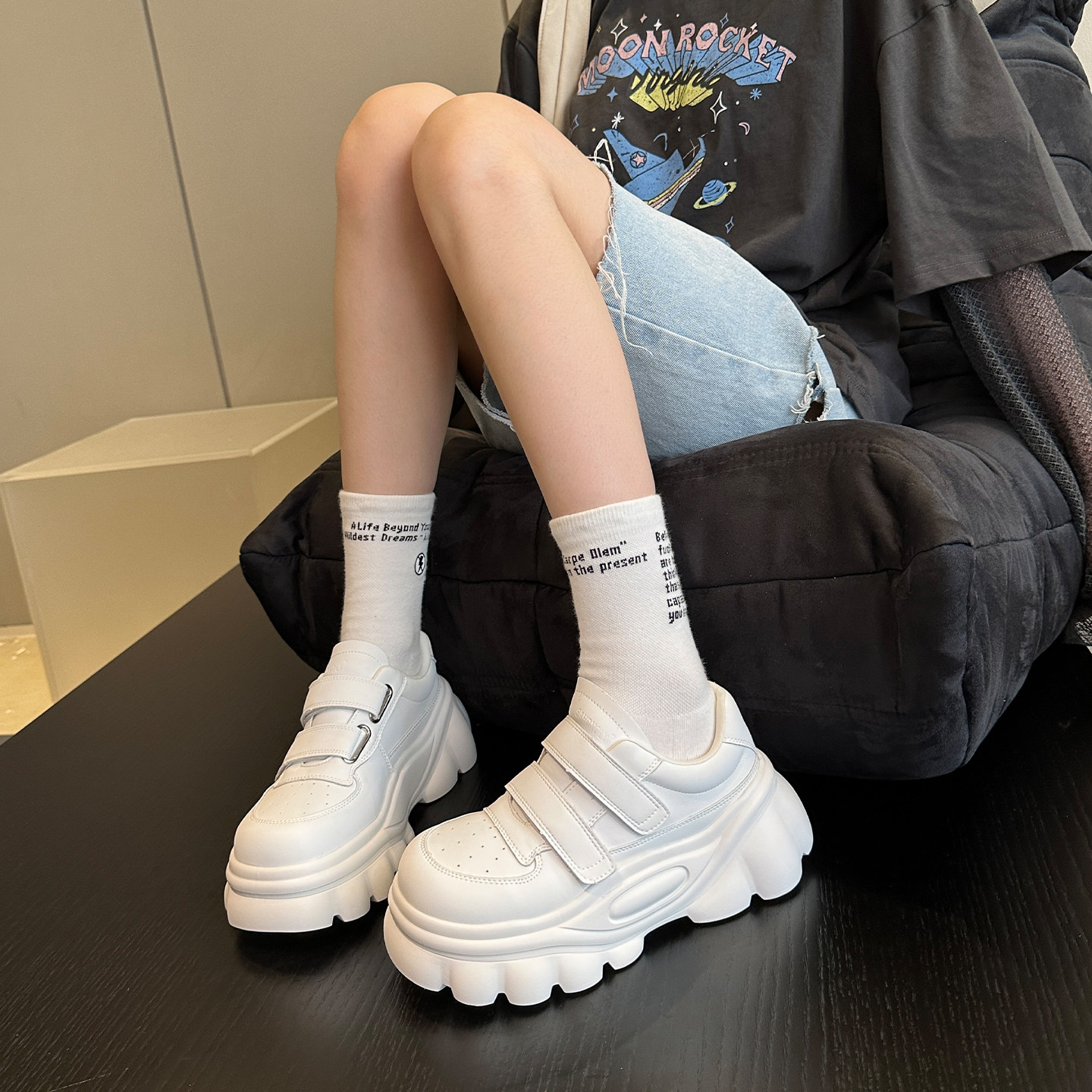 推荐新品~东大门韩版甜酷风真皮厚底增高小白鞋女鞋子休闲鞋板鞋