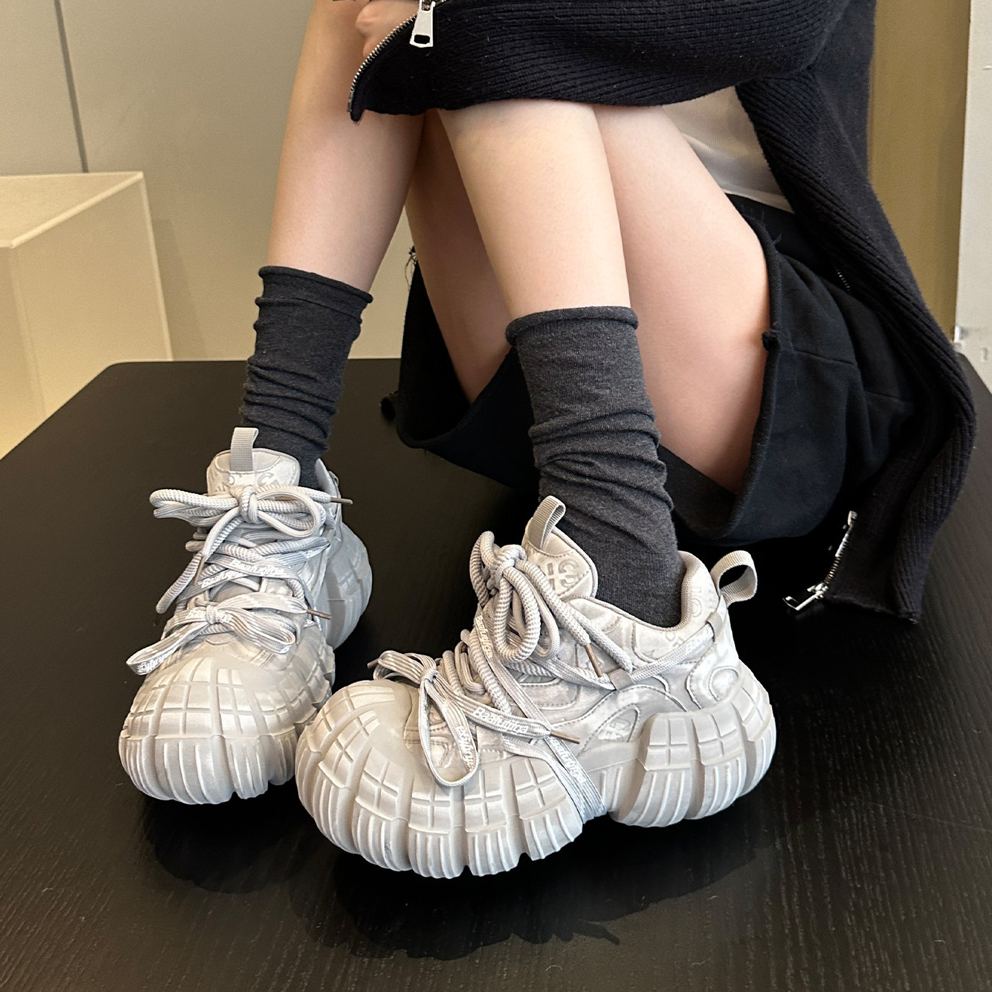 ins国潮新品~小众擦色做旧6cm增高配阔腿裤厚底老爹鞋女鞋运动鞋,淘宝优惠券,粉丝福利购,淘宝优惠卷