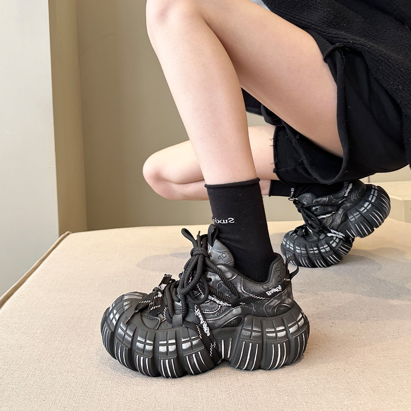 ins国潮新品~小众擦色做旧6cm增高配阔腿裤厚底老爹鞋女鞋运动鞋,淘宝优惠券,粉丝福利购,淘宝优惠卷