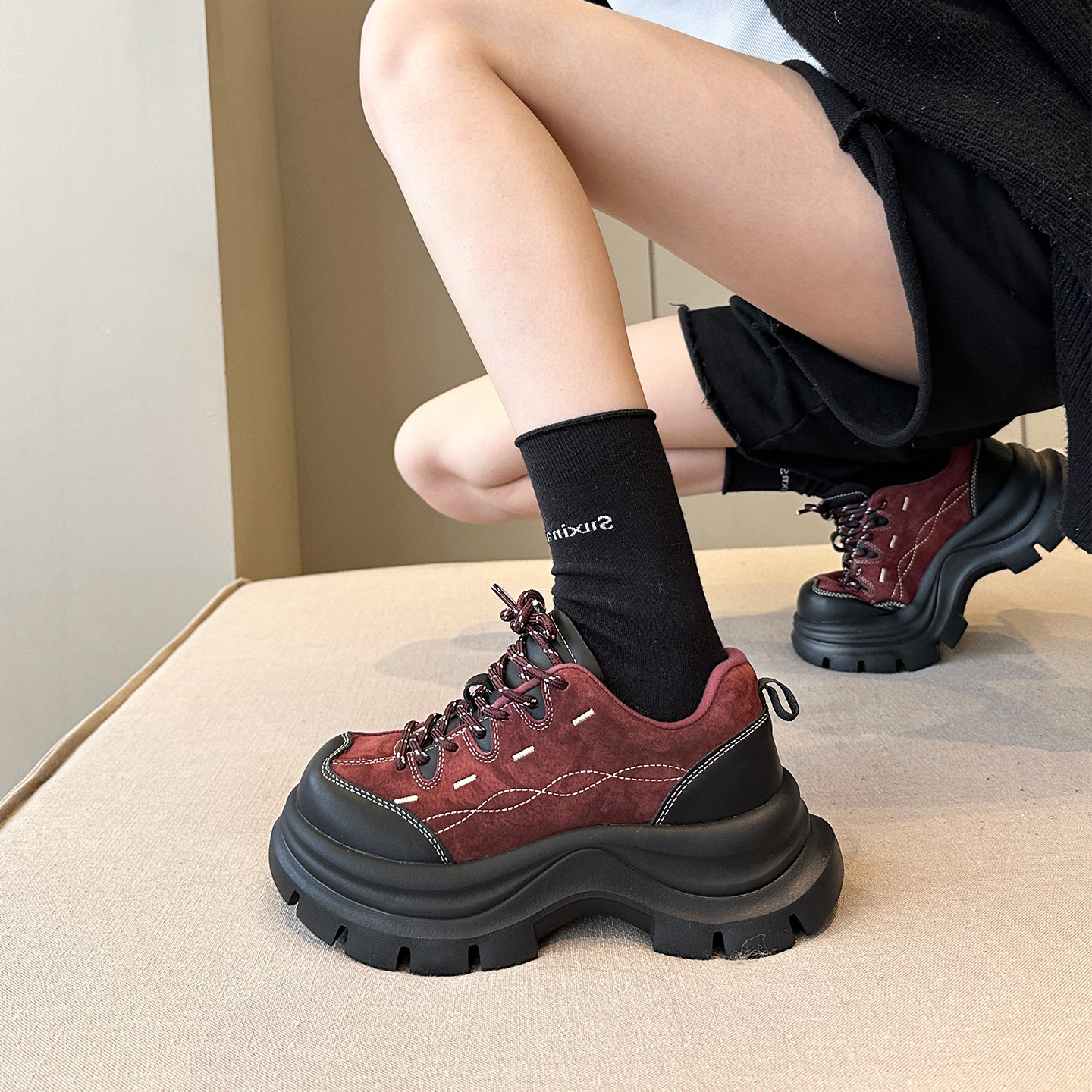 东大门流行+韩货牛皮配阔腿裤增高登山户外厚底老爹鞋女鞋运动鞋,淘宝优惠券,粉丝福利购,淘宝优惠卷