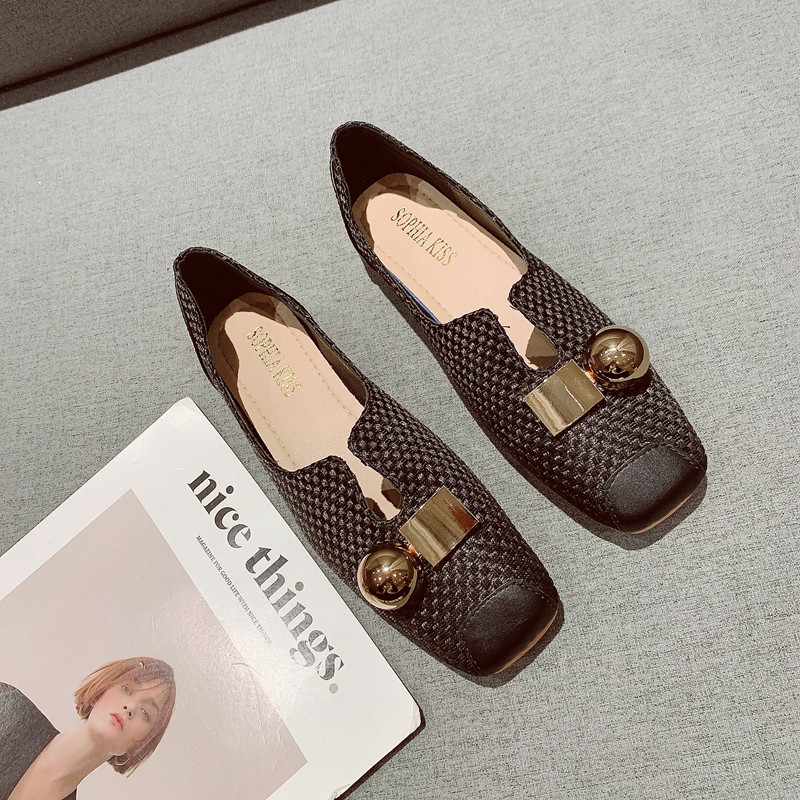 2024年新款金属扣编织面复古方头软底豆豆鞋舒适百搭平底鞋奶奶鞋