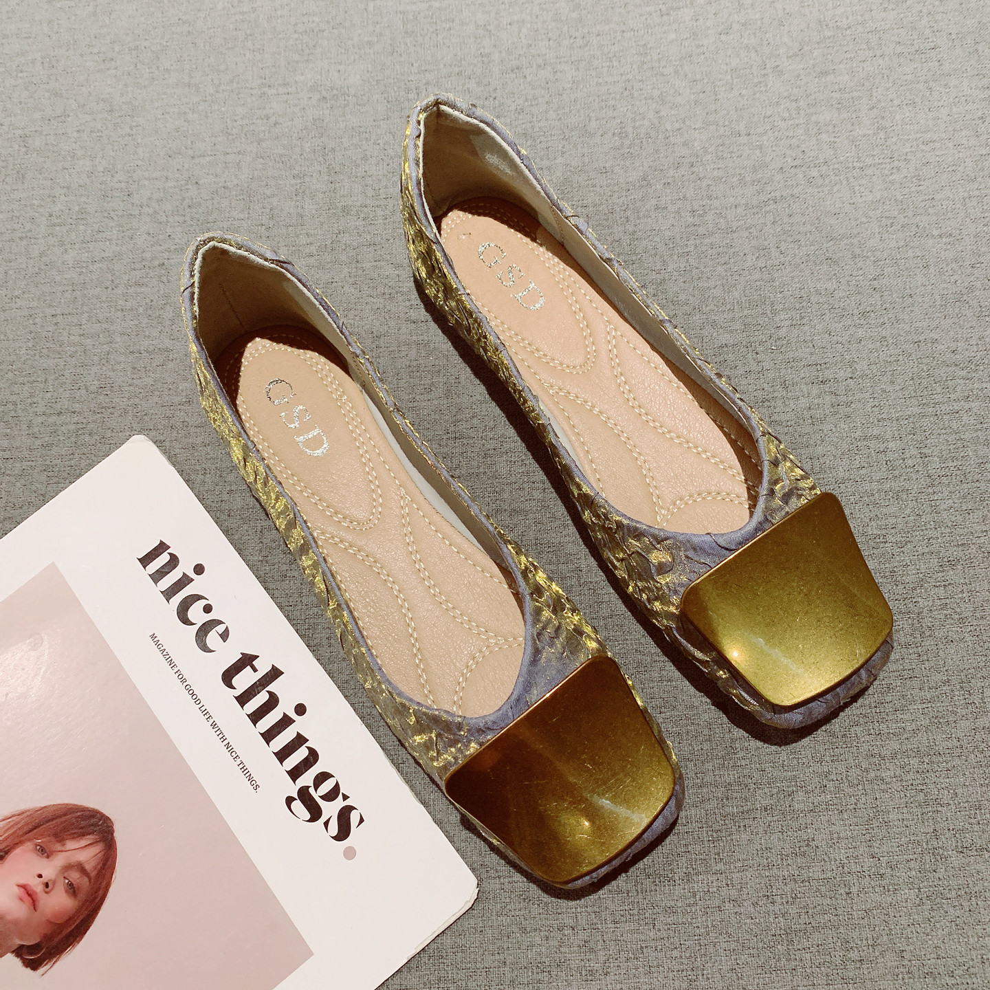 金属扣装饰褶皱布面浅口方头软底豆豆鞋女2025年新款一脚套平底鞋,淘宝优惠券,粉丝福利购,淘宝优惠卷