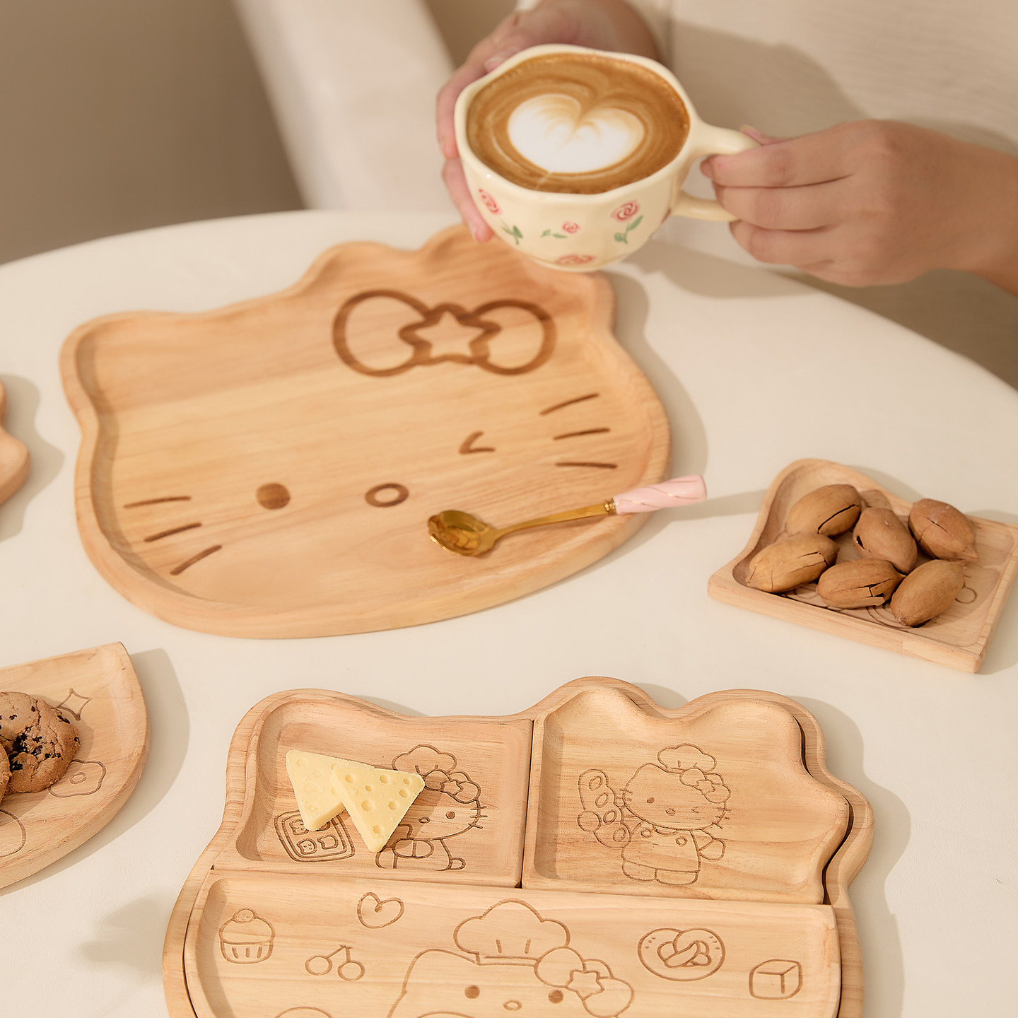 日式猫咪木质面包糕点托盘甜品餐盘茶桌漂亮的分格分区零食点心碟,淘宝优惠券,粉丝福利购,淘宝优惠卷