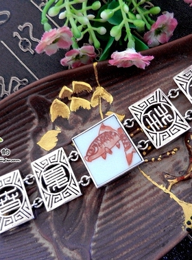 清代老瓷925纯银个性孤品手链