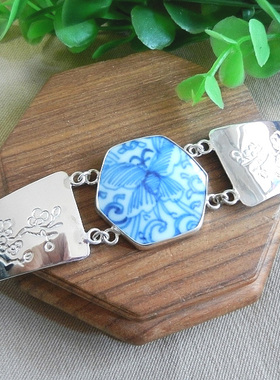 纯手工錾刻925纯银古董蝴蝶手镯