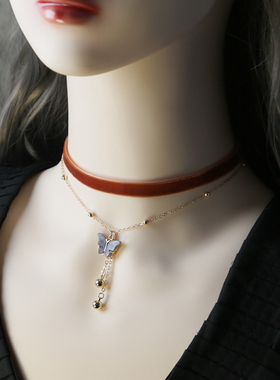 锁骨粉珍珠绒带颈链项链
