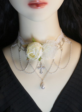 奢华原创玫瑰雪纱花朵lolita蕾丝项链复古珍珠锁骨洛丽塔短款颈链